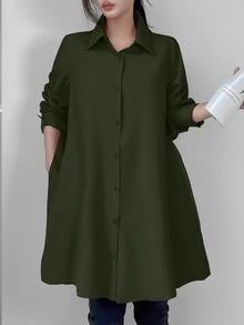 LUMIGAL Women's Casual Solid Color Mid-Length Shirt, Spring Autumn,Long Sleeve Tops Fall Cloth For Women - Army Green - View 7