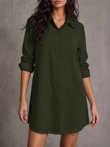 LUMIGAL Women's Casual Solid Color Mid-Length Shirt, Spring Autumn,Long Sleeve Tops Fall Cloth For Women - Army Green - View 4