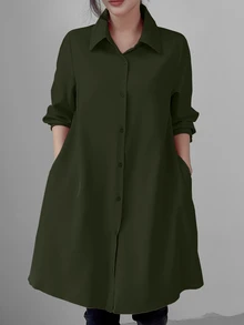 LUMIGAL Women's Casual Solid Color Mid-Length Shirt, Spring Autumn,Long Sleeve Tops Fall Cloth For Women - Army Green - View 5
