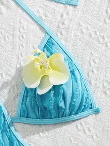 Swim SXY Summer Vacation Sexy Beach Swimming Mesh Textured White Halter Backless Floral Accent Asymmetrical High-Cut One-Piece Swimsuit For Women - Blue - View 6