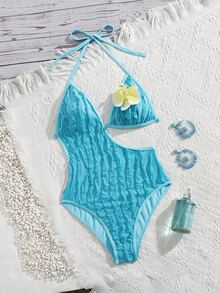Swim SXY Summer Vacation Sexy Beach Swimming Mesh Textured White Halter Backless Floral Accent Asymmetrical High-Cut One-Piece Swimsuit For Women - Blue - View 2