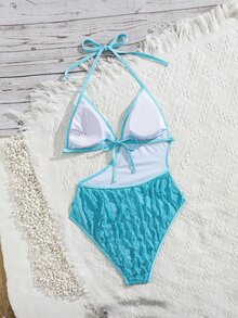 Swim SXY Summer Vacation Sexy Beach Swimming Mesh Textured White Halter Backless Floral Accent Asymmetrical High-Cut One-Piece Swimsuit For Women - Blue - View 7