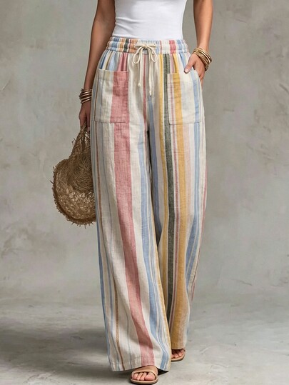 LUMIGAL Women's Pink And White Striped Loose Wide-Leg Pants,Textured Linen-Like Fabric Casual Trousers,Boho Summer Vacation Holiday Daily Commute,Spring