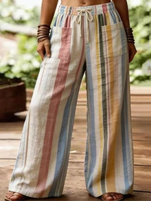 LUMIGAL Women's Pink And White Striped Loose Wide-Leg Pants,Textured Linen-Like Fabric Casual Trousers,Boho Summer Vacation Holiday Daily Commute,Spring - Multicolor - View 1