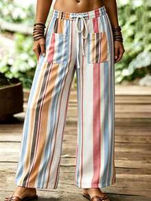 LUMIGAL Women's Pink And White Striped Loose Wide-Leg Pants,Textured Linen-Like Fabric Casual Trousers,Boho Summer Vacation Holiday Daily Commute,Spring - Multicolor - View 5