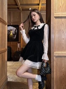 Sweetina French Elegant Lace Waist-Cinching Mesh Velvet Long Sleeve 2 In 1 Mini Dress - Black - View 2