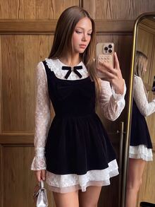 Sweetina French Elegant Lace Waist-Cinching Mesh Velvet Long Sleeve 2 In 1 Mini Dress - Black - View 1
