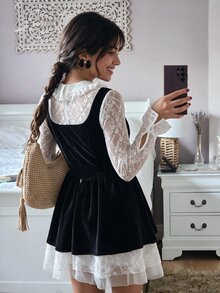 Sweetina French Elegant Lace Waist-Cinching Mesh Velvet Long Sleeve 2 In 1 Mini Dress - Black - View 5