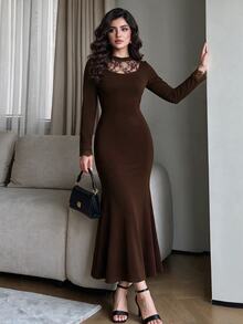 Modelyn Women's Lace Patchwork Knit Midi Dress Dinner Date Party Dark Brown Autumn Mature Elegant - Coffee Brown - View 8