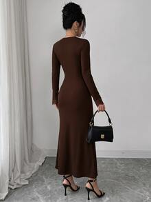 Modelyn Women's Lace Patchwork Knit Midi Dress Dinner Date Party Dark Brown Autumn Mature Elegant - Coffee Brown - View 3