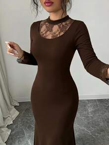 Modelyn Women's Lace Patchwork Knit Midi Dress Dinner Date Party Dark Brown Autumn Mature Elegant - Coffee Brown - View 2