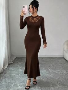 Modelyn Women's Lace Patchwork Knit Midi Dress Dinner Date Party Dark Brown Autumn Mature Elegant - Coffee Brown - View 4