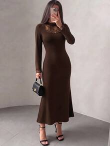 Modelyn Women's Lace Patchwork Knit Midi Dress Dinner Date Party Dark Brown Autumn Mature Elegant - Coffee Brown - View 5