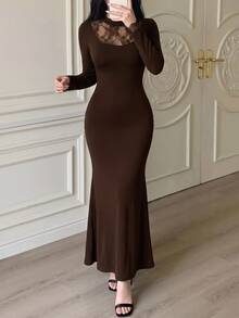 Modelyn Women's Lace Patchwork Knit Midi Dress Dinner Date Party Dark Brown Autumn Mature Elegant - Coffee Brown - View 7