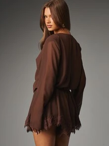 MISSGUIDED Deep Plunge Cowl Neck Romper With Batwing Long Sleeves And Lace Trim Hem Elegant Evening Party Short Jumpsuit - Coffee Brown - View 3
