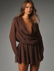 MISSGUIDED Deep Plunge Cowl Neck Romper With Batwing Long Sleeves And Lace Trim Hem Elegant Evening Party Short Jumpsuit - Coffee Brown - View 1