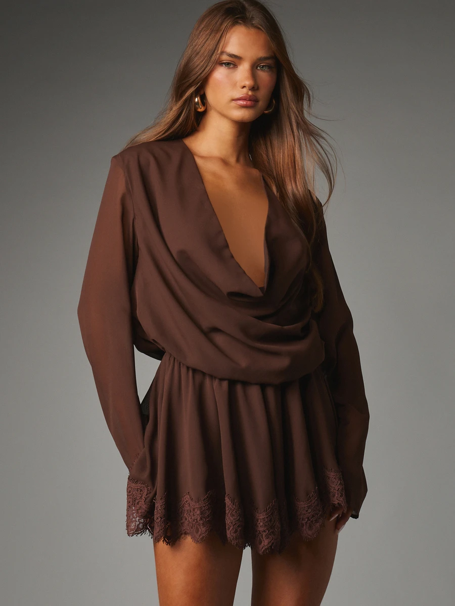 MISSGUIDED Deep Plunge Cowl Neck Romper With Batwing Long Sleeves And Lace Trim Hem Elegant Evening Party Short Jumpsuit - Coffee Brown - View 1
