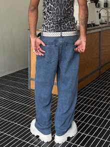 STEELVANCE 宽松男式棉质纯色斜口袋牛仔裤 - 中等水洗藍 - 查看 4