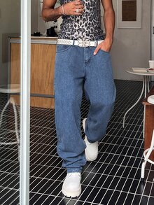 STEELVANCE 宽松男式棉质纯色斜口袋牛仔裤 - 中等水洗藍 - 查看 2