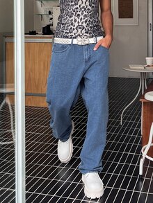 STEELVANCE 宽松男式棉质纯色斜口袋牛仔裤 - 中等水洗藍 - 查看 5