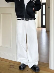 STEELVANCE 男士街头时尚休闲刺绣宽松阔腿牛仔裤 - 白色 - 查看 3