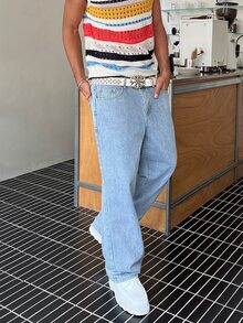 STEELVANCE 寬鬆版型男士棉質牛仔褲，斜口口袋喇叭口長褲冲浪滑板褲貨運褲平口淺藍色休閒日出遊Y2K風格喜劇之友 - 淺色水洗藍 - 查看 5