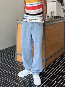 STEELVANCE 寬鬆版型男士棉質牛仔褲，斜口口袋喇叭口長褲冲浪滑板褲貨運褲平口淺藍色休閒日出遊Y2K風格喜劇之友 - 淺色水洗藍 - 查看 3