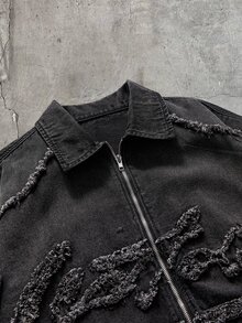 AXEPEAK Men's Turn-Down Collar Zipper Raw Edge Fashion Versatile Daily Casual Denim Jacket - Black - View 6