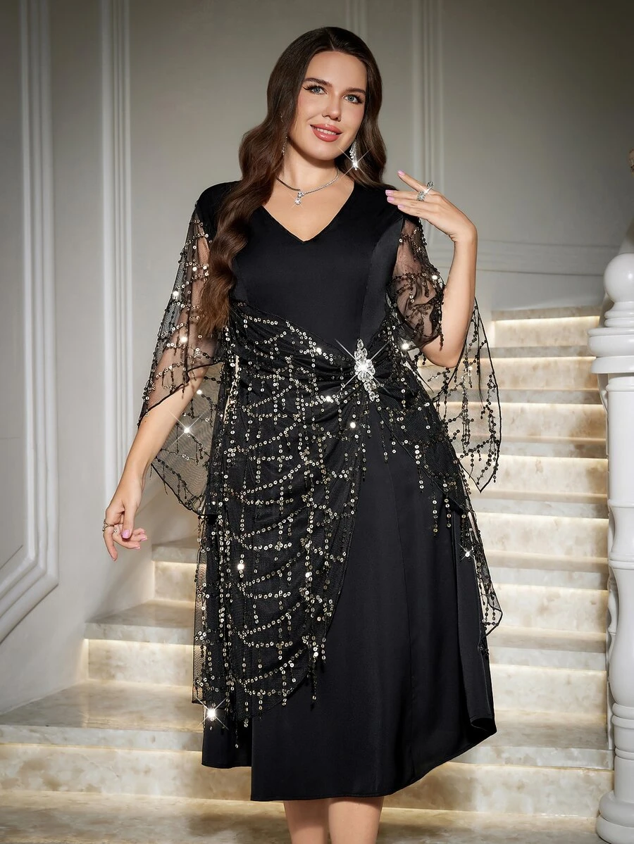 SHEIN Clasi Plus Size Elegant Luxury Sequin V-Neck Dress For Evening Party - Black - View 1