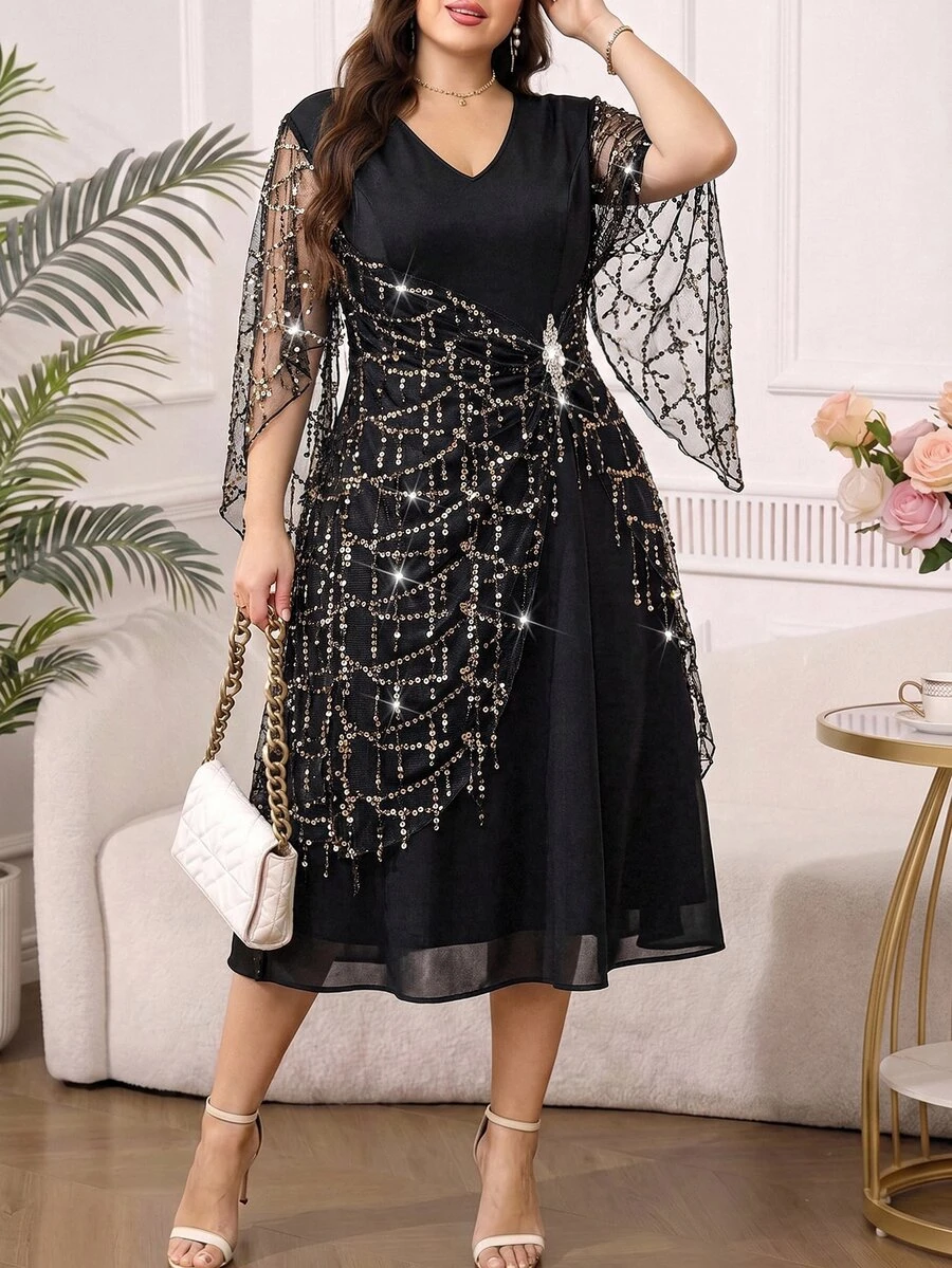 SHEIN Clasi 大尺碼優雅奢華亮片V領晚宴禮服 - 黑色 - 查看 1