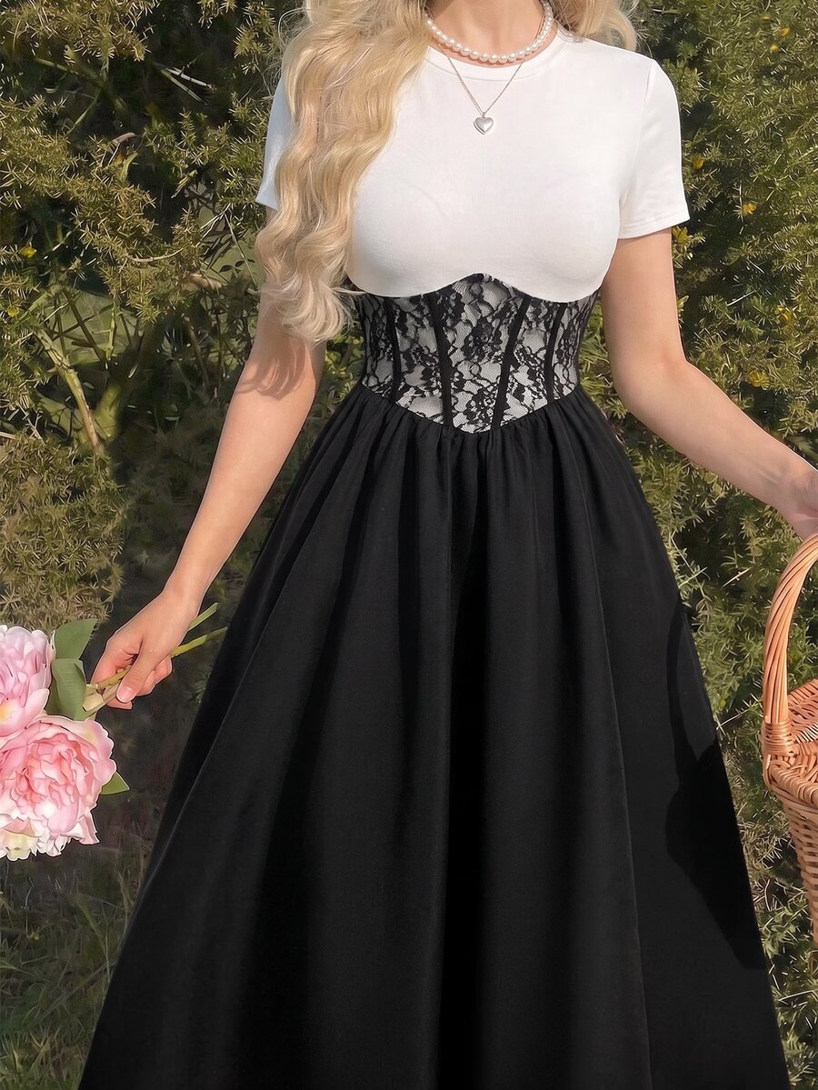 SHEIN MOD فستان أسود وأبيض مزين بحافة عظم السمك والدانتيل عند الخصر بأكمام قصيرة وطول متوسط للنزهات الصيفية الرومانسية - أبيض وأسود - مشاهدة 1
