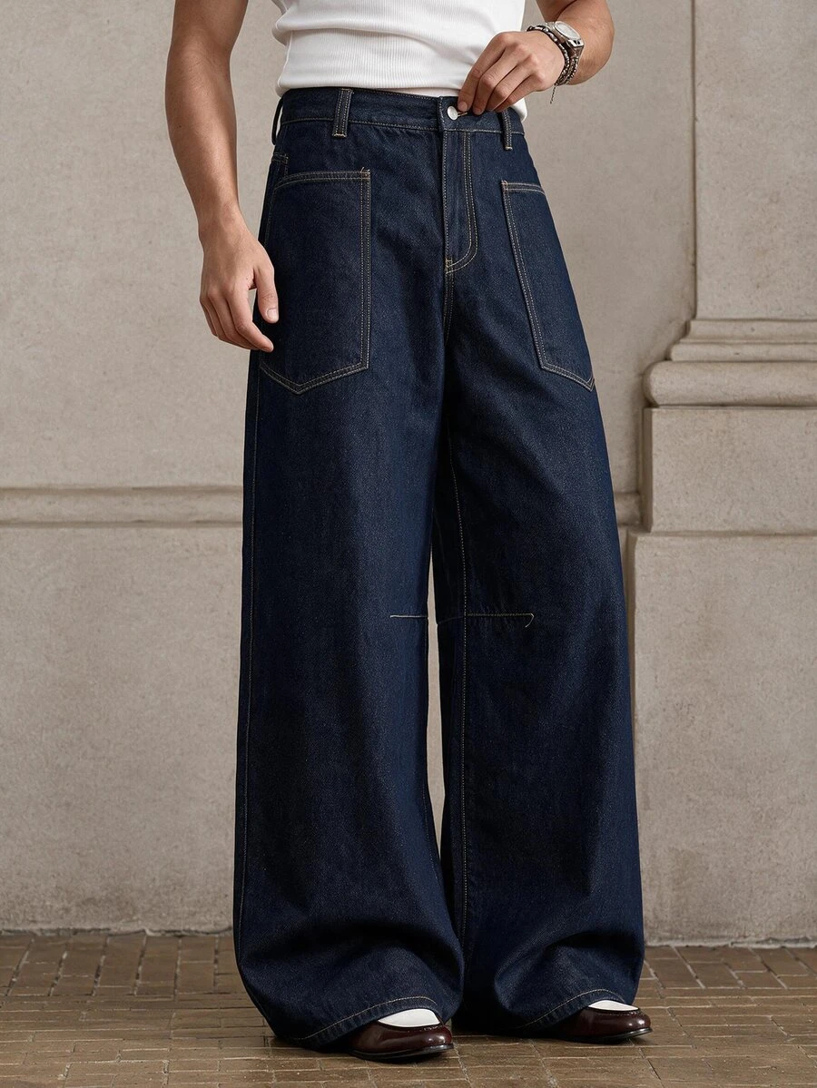 SIGLOCORE Men's Casual Versatile Washed Pocket Button Denim Jeans - Blue - View 1