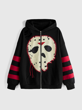 Friday the 13th X ROMWE IP-Kooperation Friday The 13th bestickter Patch Schwarz & Rot Reißverschluss Damen Sweatshirt