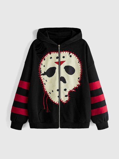 Friday the 13th X ROMWE IP-Kooperation Friday The 13th bestickter Patch Schwarz & Rot Reißverschluss Damen Sweatshirt