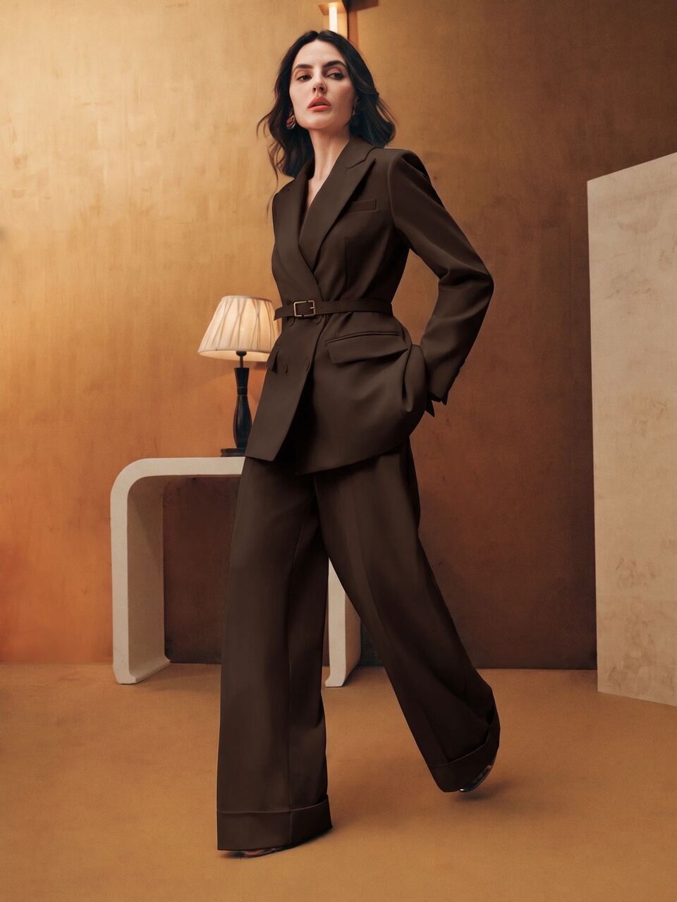 Anewsta Casual Lazy Old Money Style Lapel Long Sleeve Women's Blazer + High Waist Draped Straight Leg Women's Suit Pants With Belt Women's Suit Set