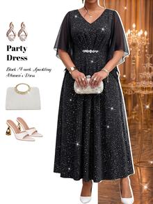 Fleurora Plus Size Fashion Party Glitter Rhinestone Decorated Dress - Black - View 5