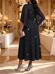 Fleurora Plus Size Fashion Party Glitter Rhinestone Decorated Dress - Black - View 2