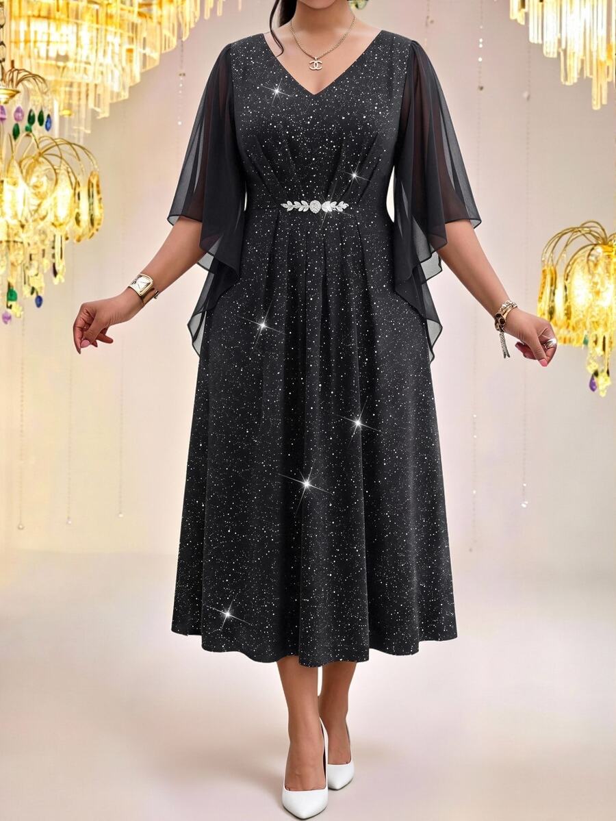Fleurora Plus Size Fashion Party Glitter Rhinestone Decorated Dress - Black - View 1