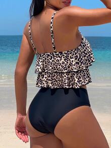 SHEIN Swim 女款夏季海灘豹紋荷葉邊分體式比基尼套裝，隨機印花 - 彩色 - 查看 2
