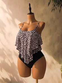SHEIN Swim 女款夏季海灘豹紋荷葉邊分體式比基尼套裝，隨機印花 - 彩色 - 查看 5