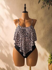 SHEIN Swim 女款夏季海灘豹紋荷葉邊分體式比基尼套裝，隨機印花 - 彩色 - 查看 6