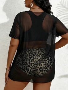 Slaydiva Plus Size Women 3 Pieces Set: Black Baby Blue Print Pullover Hoodie With Matching Bikini Top And Bottom Beach Party Vacation Summer Sexy - Multicolor - View 2