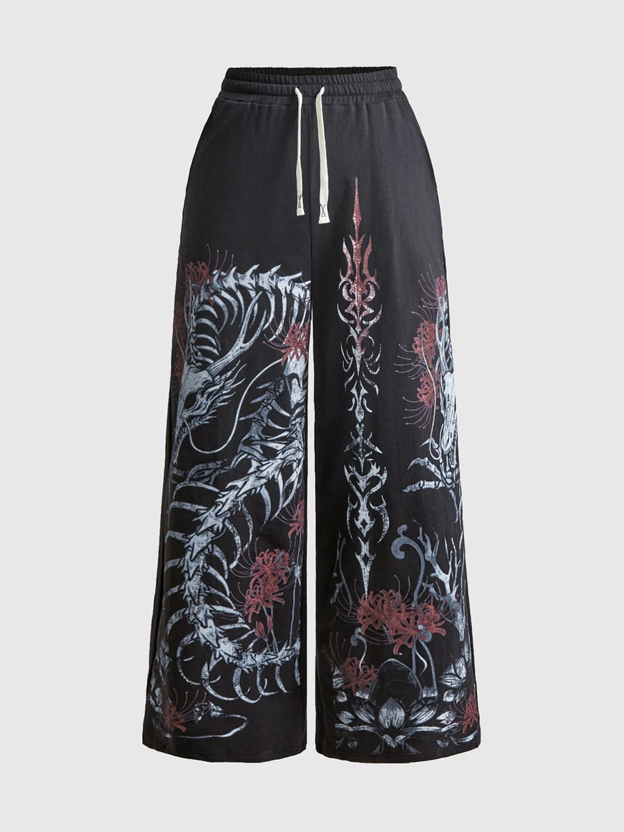 ROMWE Avant Plus Size Vintage Washed New Chinese Style Dark Dragon Pattern Wide Leg Sweatpants - Black - View 1