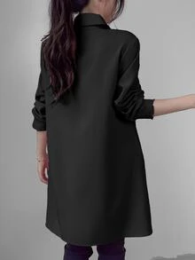 LUMIGAL Kemeja Wanita Polos dengan Kerah Berlipat, Potongan Kasual, Saku Dada, dan Kancing Depan, Atasan Lengan Panjang untuk Musim Gugur. - Hitam - View 2