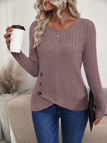 LUMIGAL Women's Asymmetric Hem Ribbed Cropped Top Fall Cloth For Women - Pink - View 3