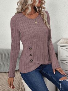 LUMIGAL Women's Asymmetric Hem Ribbed Cropped Top Fall Cloth For Women - Pink - View 6