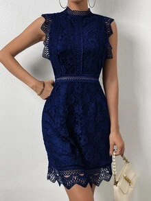LUMIGAL Solid Color Lace Dress - Royal Blue - View 6