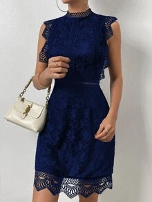 LUMIGAL Solid Color Lace Dress - Royal Blue - View 5