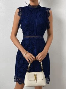 LUMIGAL Solid Color Lace Dress - Royal Blue - View 8