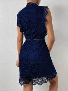 LUMIGAL Solid Color Lace Dress - Royal Blue - View 2